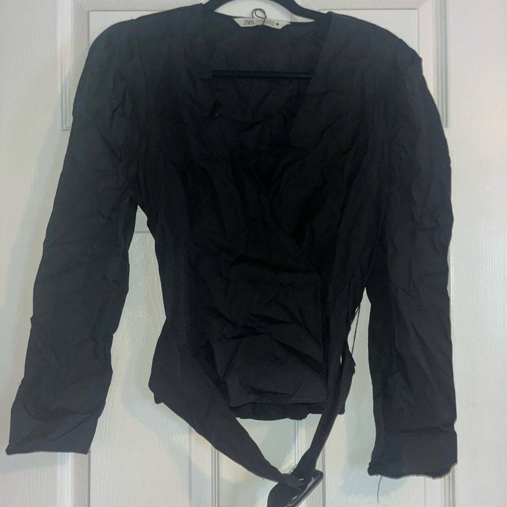ZARA Black Belted Poplin Blouse
